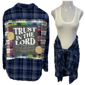 Christian Religious Flannel Shirt Womens 1X Shacket Upcycled Art Cottage Blue